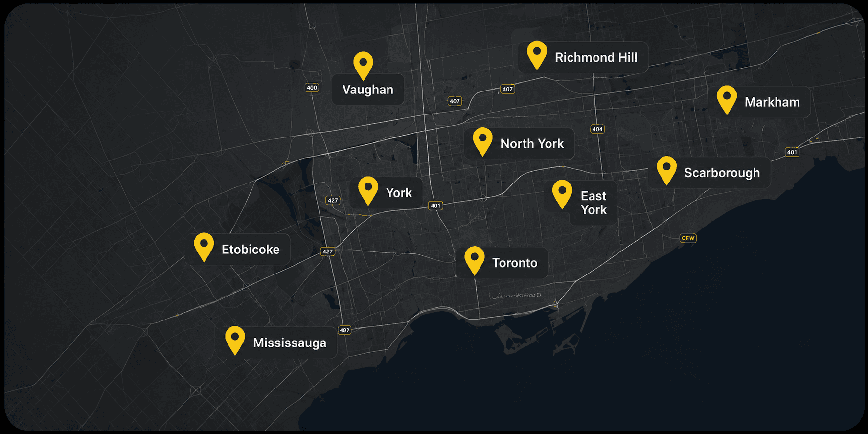 Map of the 10 GTA areas served by BFR Waterproofing & Masonry: Toronto, Scarborough, North York, Etobicoke, East York, York, Mississauga, Vaughan, Markham, and Richmond Hill